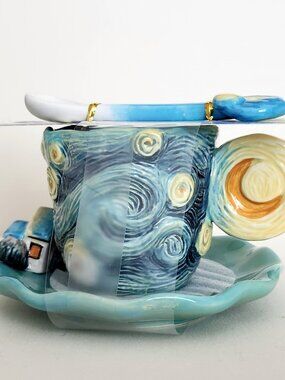 Corner Ruby Starry Night Ceramic Teacup, Saucer & Spoon Set, Van Gogh Inspired